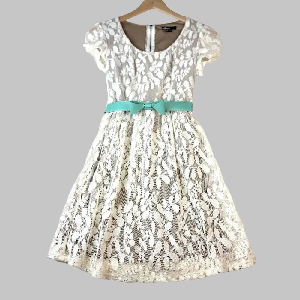 Lace Dress Girls 7 Ivory Bow Belt Coquette Communion Easter Special Occasion